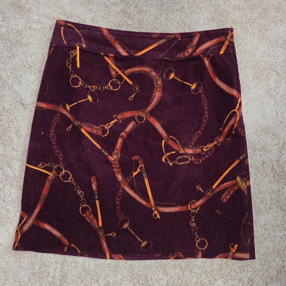 Talbots Womens Burgundy Corduroy Equestrian Chain Print Mini Skirt Size 6